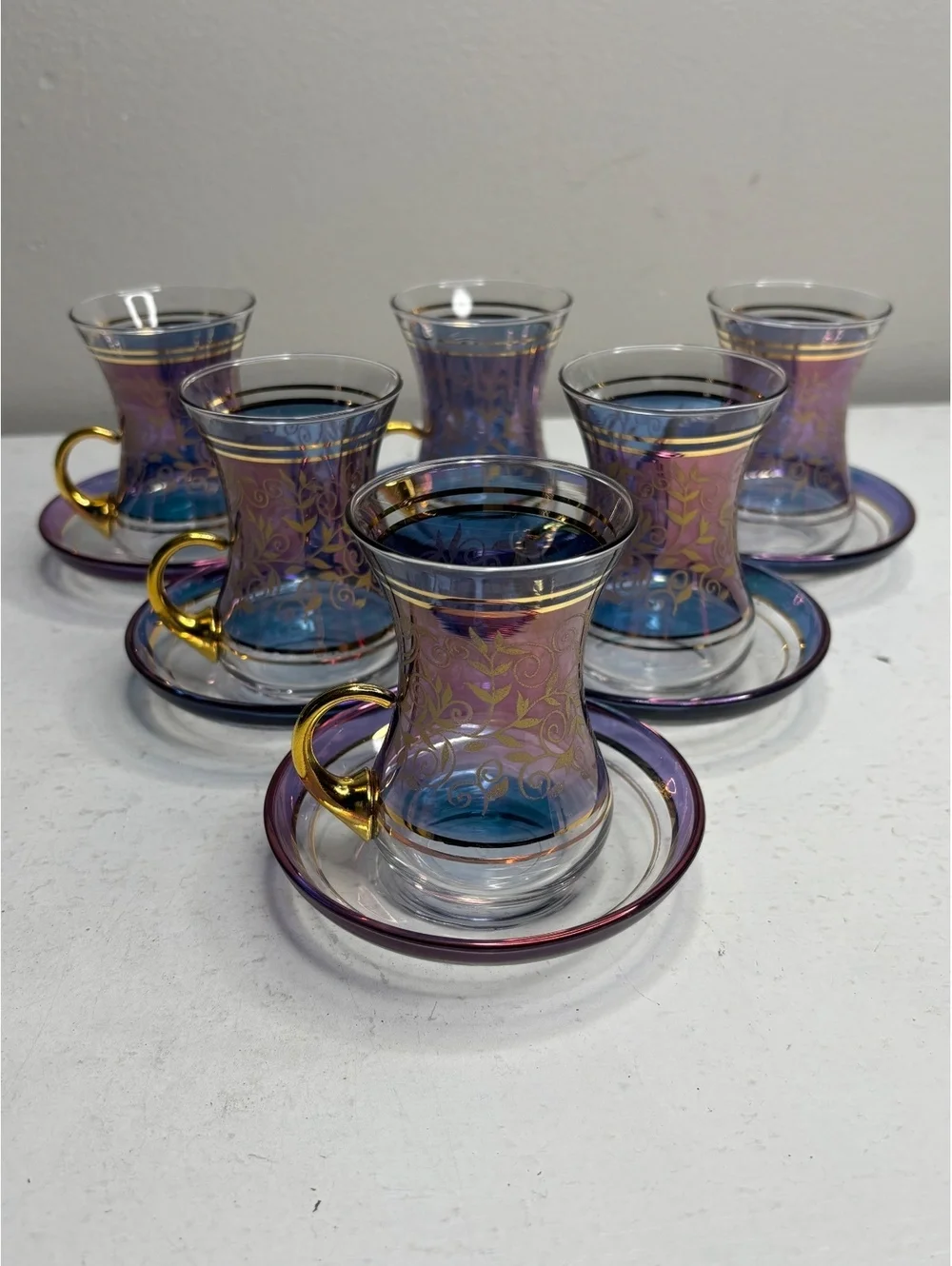 Vintage Turkish Blue & Purple Tulip Teacup & Saucer Gold Gilded Glass set